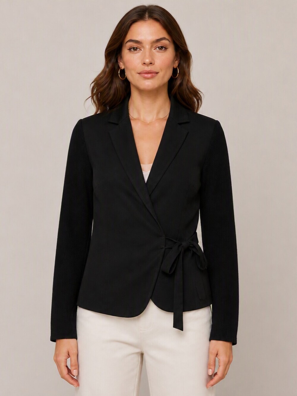 RW&CO Black Mixed‑Media Blazer Jacket Belted Workwear Office Chic Neutral L